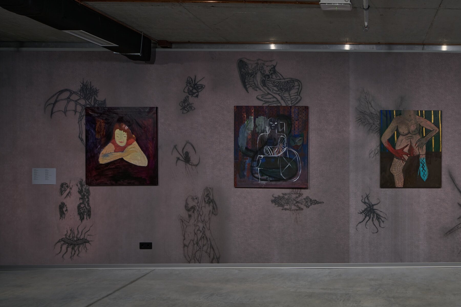Installation view — tattoo-scars on the wall, paintings on top