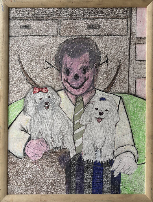 Human with dog — pencil, coloured pencil