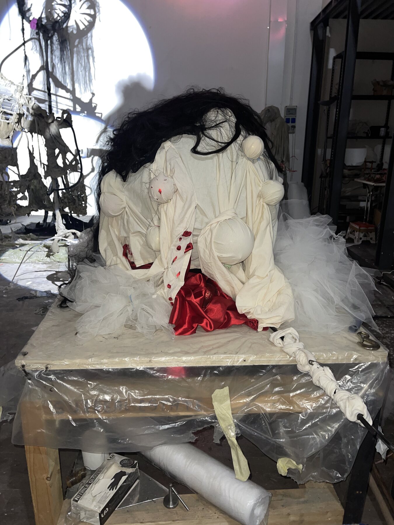 Miss Pimp — 2023, textile, gymnastic ball, christmas toy, hair, veil