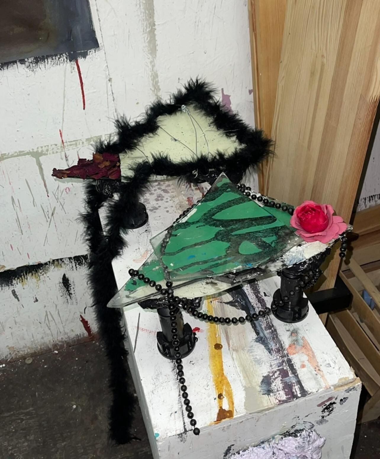 Lovers — 2025, glass, flower from pen, beads, boa, rose petals, plastic tubes, 30×15×10 cm